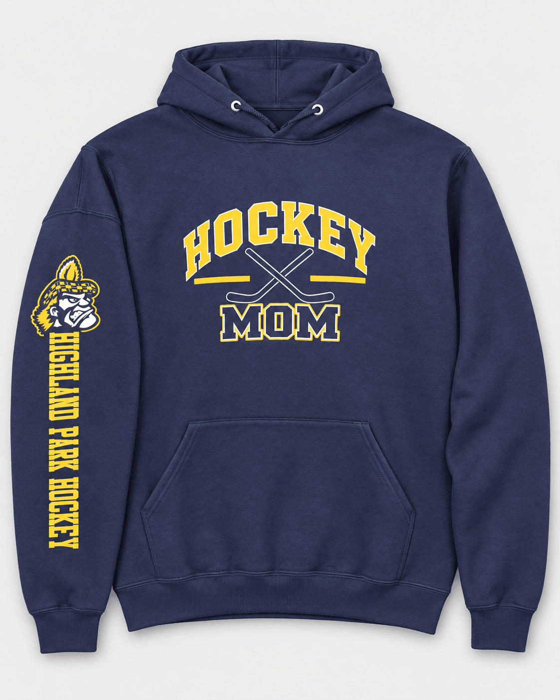 Custom navy Hockey Mom hoodie featuring Highland Park colors, crossed hockey sticks, and Scots sleeve artwork