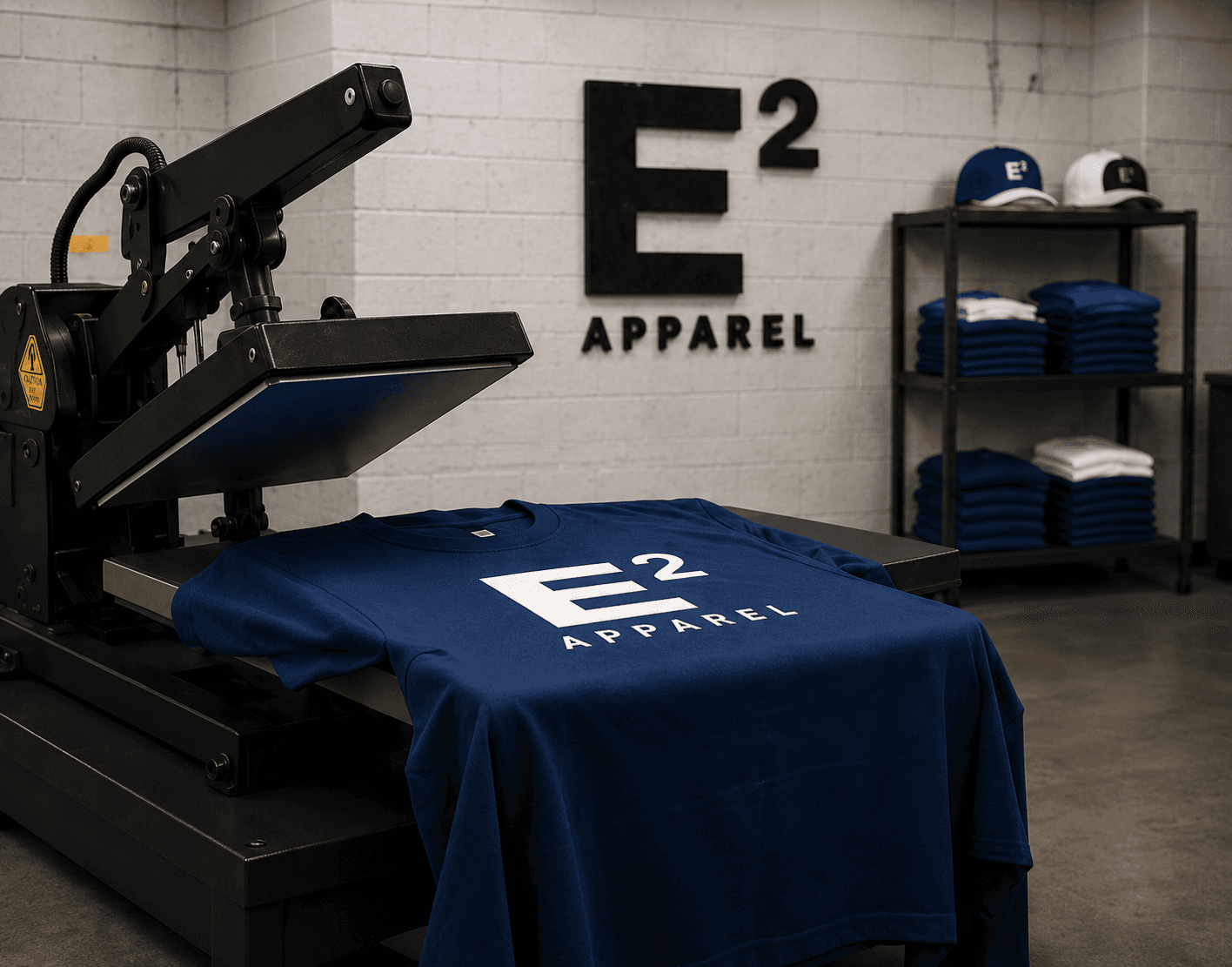 E² Apparel print shop with a heat press and folded apparel